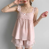 Pajama Set: Ruffle Trim Camisole Top + Shorts