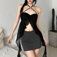 Halter Neck Plain Ruffled Asymmetrical Hem Crop Camisole Top