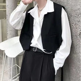 V-Neck Plain Crop Open Front Vest / Long-Sleeve Collared Plain Shirt