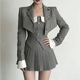 Strapless Two-Tone Buttoned Tube Top / High Waist Pleated Mini A-Line Skirt / Double-Breasted Chained Crop Blazer / Set