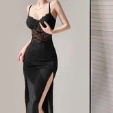 Spaghetti Strap V-Neck Lace Slit Midi Sheath Dress