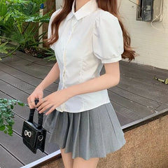 Puff-Sleeve Plain Button-Up Shirt