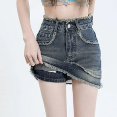 High Waist Washed Tassel Trim Denim Skort