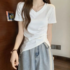 Short-Sleeve V-Neck Plain Ruched Asymmetrical Tee