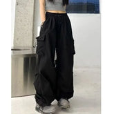 Mid Waist Plain Drawstring Cargo Baggy Pants