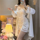 Spaghetti Strap Ruffle Drawstring Nightdress / Tie Front Robe