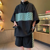 Set: 3/4-Sleeve Mock-Neck Half-Zip Plaid Panel Sweatshirt + Sweatshorts