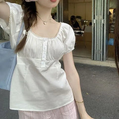 Short-Sleeve Square Neck Plain Lace Trim Peplum Blouse