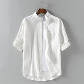 Elbow-Sleeve Stand Collar Linen Plain Shirt