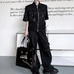 Set: Short-Sleeve Collared Plain Buckled Grommet Zip Jacket + Drawstring Waist Wide Leg Pants