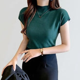 Short-Sleeve High Neck Plain Knit Top