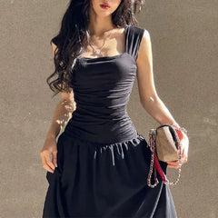 Sleeveless Square Neck Plain Maxi A-Line Dress