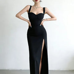 Sleeveless Sweetheart Neck Plain Slit Maxi Sheath Dress