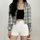 Long-Sleeve Button-Up Plaid Crop Blouse