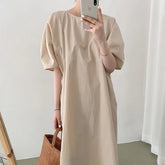 Short-Sleeve Round Neck Plain Midi A-Line Dress