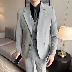 Set: Lapel Collared Single Breasted Blazer + Button Vest + Mid Rise Dress Pants