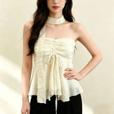 Plain Drawstring Ruched Mesh Tube Top with Scarf