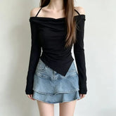 Long Sleeve Cold-Shoulder Plain T-Shirt