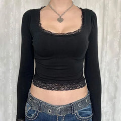 Long Sleeve Scoop Neck Lace-Trim Plain Slim-Fit Crop Top