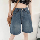 Mid Waist Washed Denim Shorts