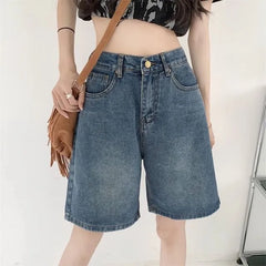 Mid Waist Washed Denim Shorts