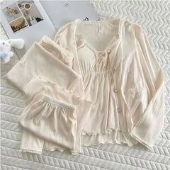 Pajama Set: Long-Sleeve Plain Button Top + Padded Camisole + Pants + Shorts