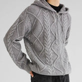 Plain Hooded Cable-Knit Zip Cardigan