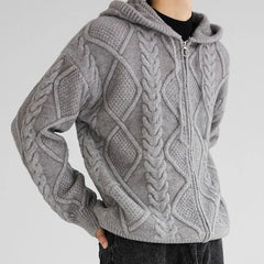 Plain Hooded Cable-Knit Zip Cardigan