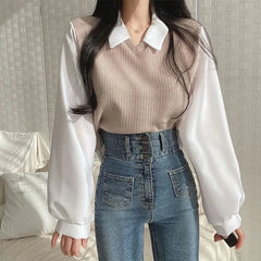 Long-Sleeve Collared Mock Two-Piece Two Tone Knit Panel Ribbed Blouse