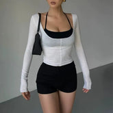 Set: Long-Sleeve Scoop Neck Plain T-Shirt + Sports Bra Top
