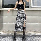 High Rise Tie Dye Chain Accent Slit Midi Pencil Skirt