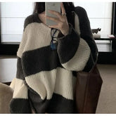 Long-Sleeve V-Neck Striped Sweater / High Rise Plain Wide Leg Pants