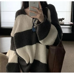 Long-Sleeve V-Neck Striped Sweater / High Rise Plain Wide Leg Pants