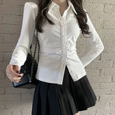 Long-Sleeve Plain Ruched Button-Up Slim Fit Shirt / High Rise Pleated Mini A-Line Skirt