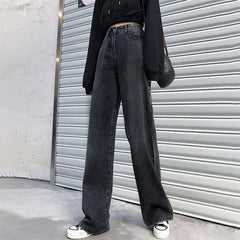 High Rise Washed Straight-Fit Wide-Leg Jeans