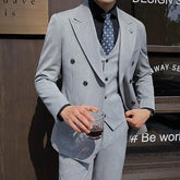 Set: Lapel Collar Double Breasted Blazer + Plain Dress Pants + Vest