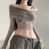 Long-Sleeve Off Shoulder Wrapped Mesh Crop Top