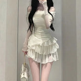 Long-Sleeve Off Shoulder Plain Top / Mini Tiered Skirt