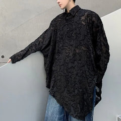 Long-Sleeve Asymmetrical Jacquard Mesh Button-Up Shirt