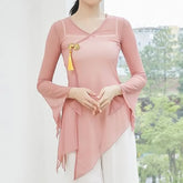 Flared-Sleeve Plain Asymmetrical Dance Top