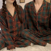 Couple Matching Pajama Set: Long-Sleeve Lapel Collar Plaid Button-Up Top + Pants