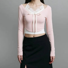 Long-Sleeve Halter Neck Mock Two-Piece Two Tone Lace Panel Slim Fit Crop Top