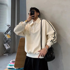 Long-Sleeve Stripe Trim Polo-Neck Sweatshirt