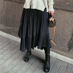High Waist Asymmetrical Plain Accordion Pleat Midi A-Line Skirt