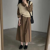 Long-Sleeve Notch Lapel Plain Midi Shirt Dress / V-Neck Sweater Vest