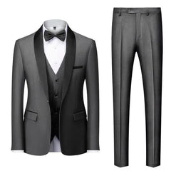 Set: Shawl Lapel Two Tone Single Breasted Blazer + V-Neck Button Vest + Mid Rise Plain Straight Leg Dress Pants