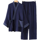 Pajama Set: Plain Long-Sleeve Plain Contrast Trim Kimono Top + Pants