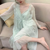 Pajama Set: Spaghetti Strap V-Neck Plain Ruffle Panel Nightdress + V-Neck Panel Lace Midi Tie Front Robe