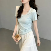 Short-Sleeve Scoop Neck Plain Accent Lace Trim Slim Fit Crop T-Shirt