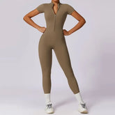 Short-Sleeve Half Zip Plain Sports Jumpsuit